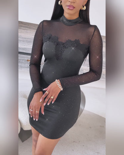 Glitter Long Sleeve Mock Neck Sheer Mesh Patch Bodycon Dress Night Out Party Mini Dress
