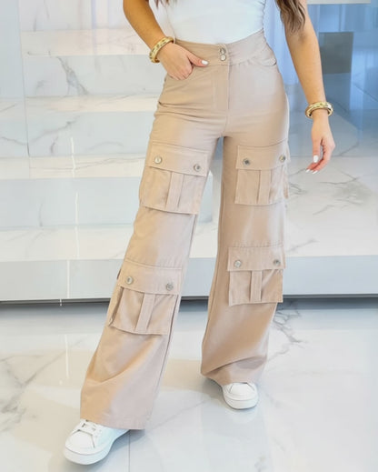 High Waist Zipper Fly Multiple Flap Pockets Design Utility Pants Casual Elastic Back Waist Wide Leg Cargo Pants