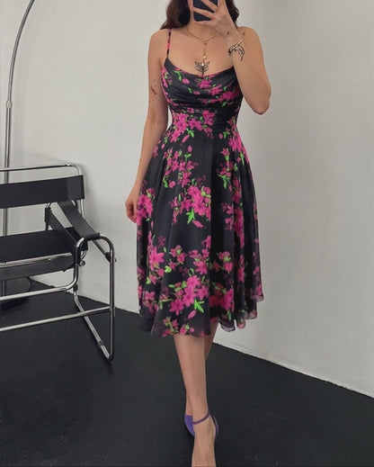 Women's Floral Print Cowl Neck Cami Dress High Waisted Sheer Mesh Overlay A-Line Dress Elegant Backless Flowy Party Dress