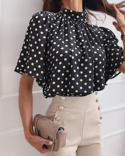 Women's Mock Neck Chiffon Blouse Polka Dot Ruched Elegant Flared Sleeve Top Casual Office Commute Shirt