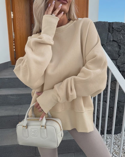 Women's Casual Crewneck Sweatshirt Loose Long Sleeve Side Slit Pullover Top with Thumb Holes