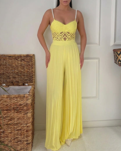Women's Two Piece Set Lace Cami Top with Stretchy Pearl Straps and High Waist Pleated Wide Leg Chiffon Pants