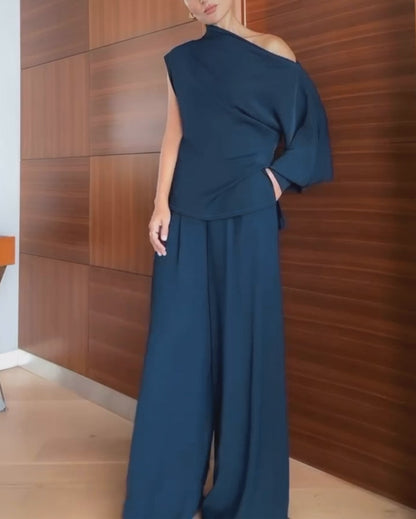 2 Pieces Outfit Skew Neck Asymmetrical Lantern Sleeve Side Slit Top and Casual Button & Zipper Side Pleated Wide Leg Pants Set