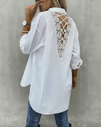 Turn-down Collar Long Sleeve Guipure Lace & Sheer Mesh Spliced Back Curved Hem Shirt Casual Button Front High-Low Hem Top