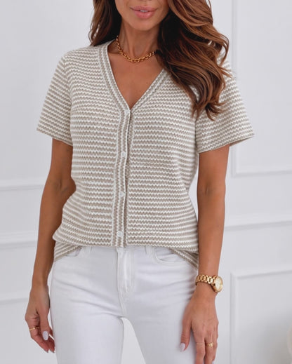 Women's V Neck Knit Top Textured Button Down Short Sleeve Blouse Soft Casual Shirt
