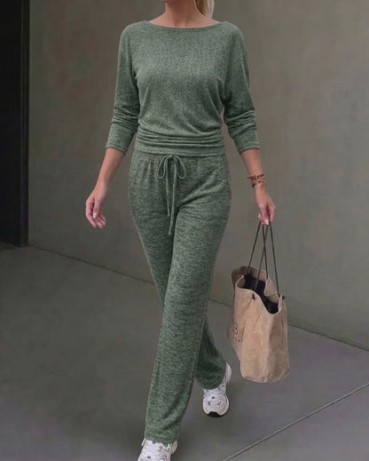 Ensemble 2 pièces femme : top froncé à encolure bateau modulable et manches longues et pantalon large à cordon de serrage