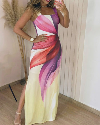 Women's Floral Print Maxi Dress Square Neck Thick Strap Sundress Casual Side Slit Vacation Dress with Pockets