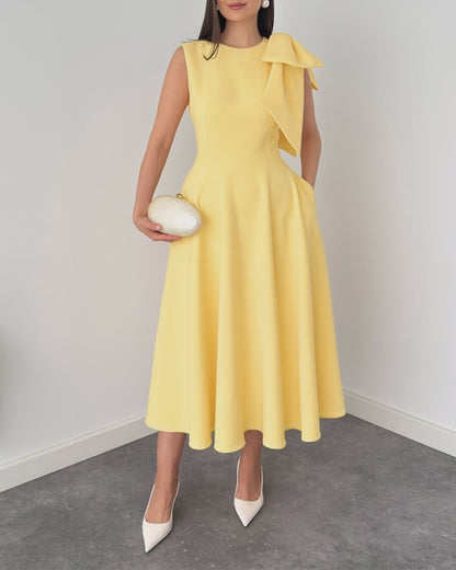 Women's Bowknot A Line Midi Dress Sleeveless Crewneck High Waist Party Dress Elegant Evening Gown