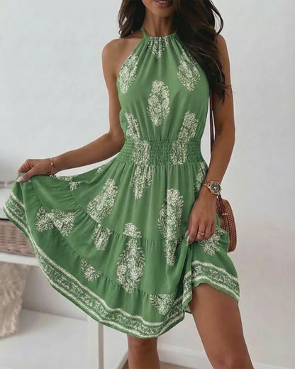 Vintage Plants Print Halter Tie Ruched Backless A Line Dress Casual Shirred Waist Ruffle Hem Vacation Dress