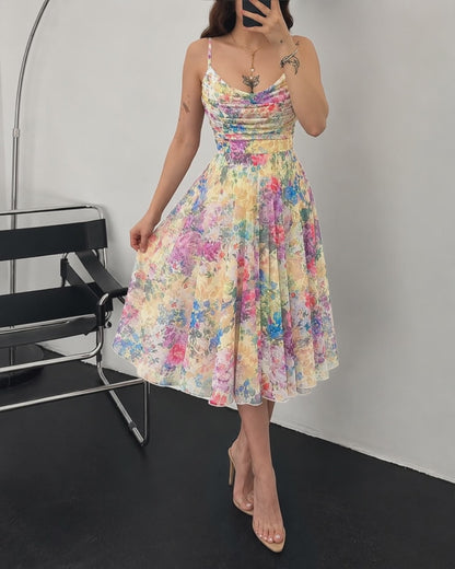 Women's Oil Painting Floral Mesh Midi Dress Sexy Cowl Neck Cami Dress High Waisted Ruched Backless A Line Sundress
