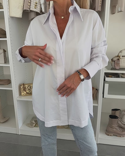 Women's Cotton Oversized Button Down Shirt Long Sleeve Blouse Casual Curved Hem Top