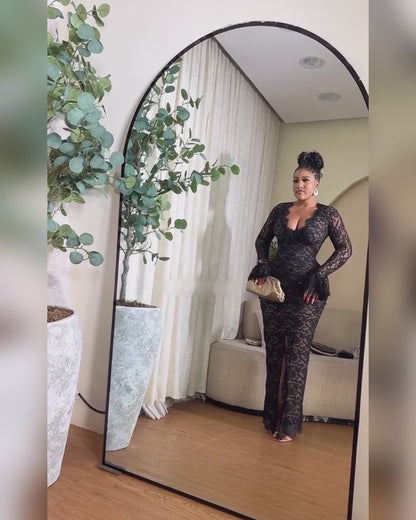 Elegant Lace Plunge V Neckline Long Sleeve Dress Casual Slim Fit Slit Evening Maxi Dress