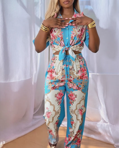 Women's Palace Style Vintage Floral 2 Piece Outfits Button Down Shirt and High Waisted Wide Leg Pants Set with Pockets