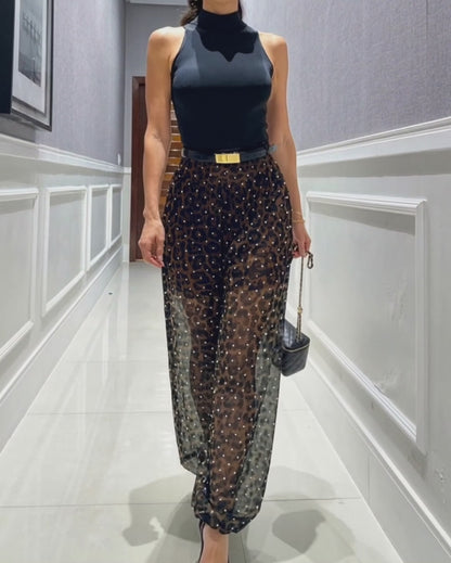 Women's Leopard Print Chiffon Jogger Pants Rhinestones Sexy Sheer High Waisted Balloon Pants