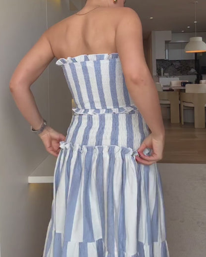 Women's Striped Tube Maxi Dress Sexy Cutout Bodycon Mermaid Dress Ruched Shirred Drawstring Vacation Dress