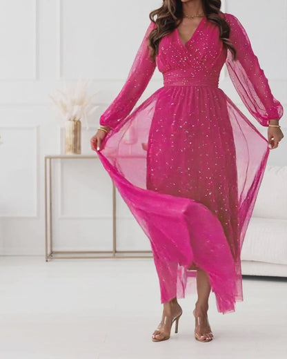 Women's Glitter Mesh Maxi Dress Feather Embellished Overlap V-Neck Lantern Sleeve Formal Dress Elegant Evening Gown