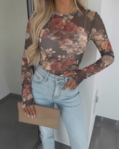 Women's Vintage Floral Print Sheer Mesh Top Long Sleeve Slim Fit Crewneck Layering Top with Thumb Hole Cuffs