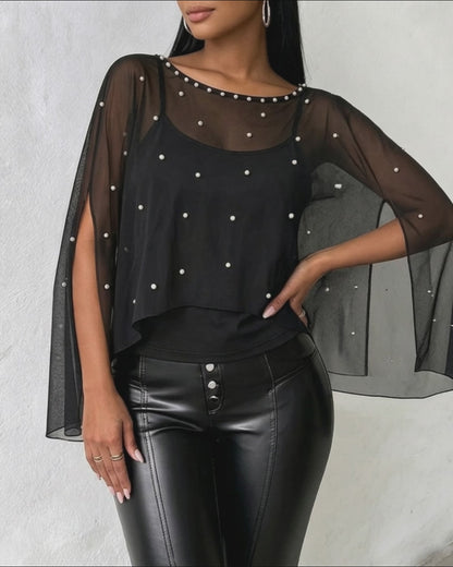 Women's 2 Piece Set Split Sleeve Pearl Sheer Chiffon Cape Top with Cami Top