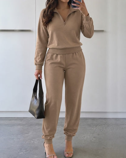 2 Pieces Outfit High Neck Half Zip Drop Shoulder Top and Drawstring Elastic Waist Slim Fit Jogger Pants Set Casual Tracksuit