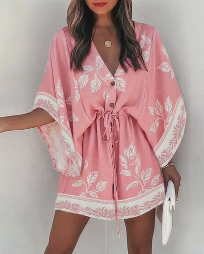 Plants Print V-Neck Bell Sleeve Button Front Mini Dress Casual Drawstring Waist Vacation Dress