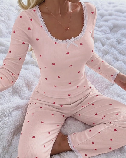 Women's 2 Piece Heart Print Lounge Set Lace Trim Rib-Knit Pajama Set Slim Fit Long Sleeve Top and Pants with Pockets