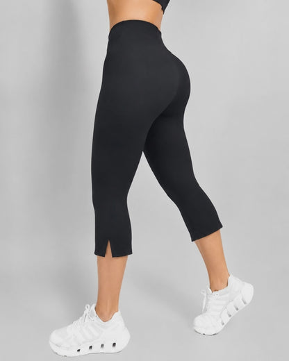 Women's High Waisted Capri Leggings Side Slit Stretchy Slim Fit Workout Pants