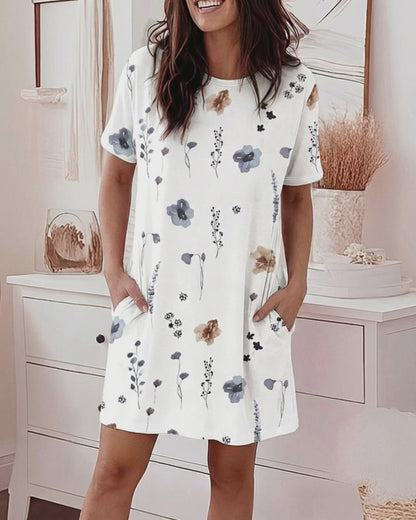 Watercolor Floral Print Short Sleeve Mini Nightdress Casual Loose Fit Loungewear with Pockets