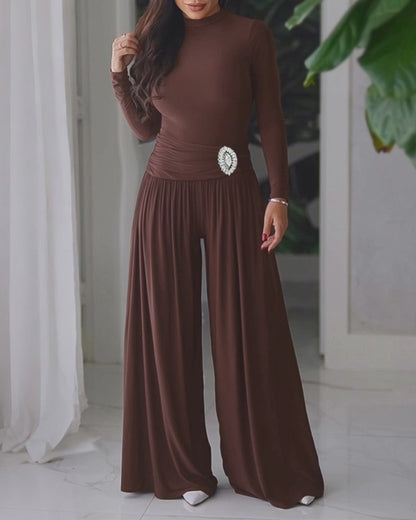 Women's 2 Piece Outfits Mock Neck Long Sleeve Slim Bodysuit and Rhinestone Ruched Wide Leg Pants Set