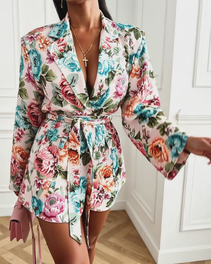 Women's Floral Print Blazer Casual Single Breasted Suit Coat Retro Oil Painting Floral Long Sleeve Coat with Belt