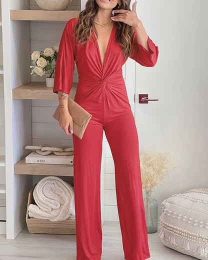 Women's Deep V Neck Twist Front Jumpsuit Three Quarters Sleeve Straight Leg Overalls