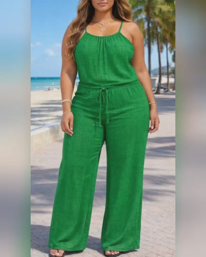 Womens Spaghetti Strap Drawstring Tied Waist Jumpsuit Casual Overalls