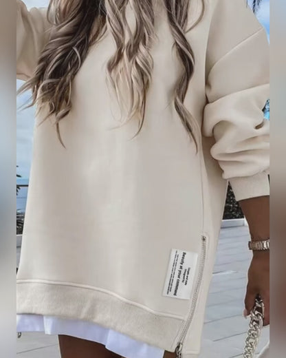 Letter Patch Detail Long Sleeve Drop Shoulder Pullover Sweatshirt Casual Zipper Side Slit Top