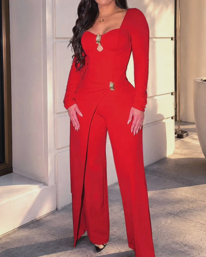 Women's Sweetheart Neck Long Sleeve Hollow-out Jumpsuit Gold Decor Ruched Faux Two-Piece Evening Jumpsuit