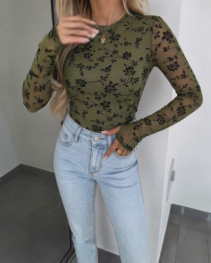 Top femme en tulle transparent à motif floral floqué, col rond, doublure et passe-pouces