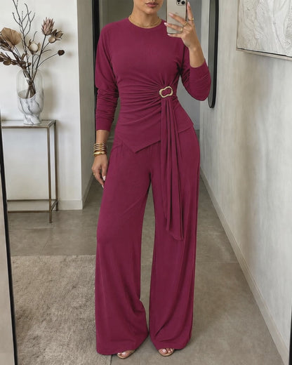 Women's 2 Piece Ribbed Knit Set Gold Buckle Asymmetric Long Sleeve Draped Top and Wide Leg Pants Set