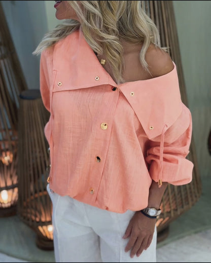 Women's Turn-down Collar Long Sleeve Blouse Casual Gold Button Loose Drawstring Shirt