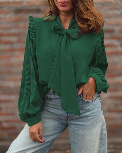 Women's Tie Neck Frill Trim Pleated Long Lantern Sleeve Chiffon Blouse