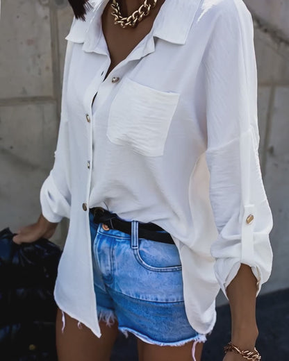 Metal Chain Decor Turn-down Collar Turn-Up Sleeves Front Button Shirt Casual Backless Asymmetrical Hem Top