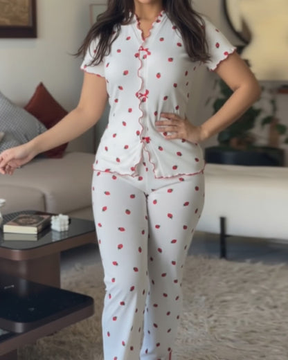 2 Pieces Outfit Strawberry Print Stand Collar Short Sleeve T-shirt and Pants Pajamas Set