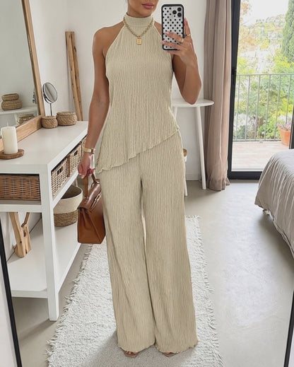 Women's Textured 2 Piece Outfits Halter Neck Backless Sleeveless Asymmetric Top and High Waist Wide Leg Pants Set
