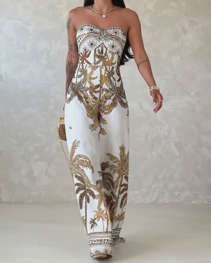 Palm Tree Print Bandeau Twist Front Backless Tie Back Overalls Casual Hollow-out Front Wide Leg Jumpsuit