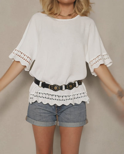 Short Sleeve Hollow-out Pattern Spliced Scallop Hem Versatile Tee Casual Minimalist Loose Fit Top