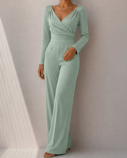Women's Wrap Deep V Neck Long Sleeve High Waisted Wide Leg Jumpsuit Casual Ruched Overalls