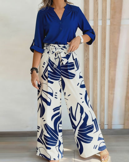 2 Piece Outfit Stand Collar Long Sleeve Blouse and Casual Floral Print Wide Leg Pants Set with Pockets