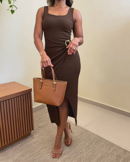 Women's U-Neck Sleeveless Ribbed Midi Dress Gold Buckle Side Twist Slit Bodycon Tank Dress