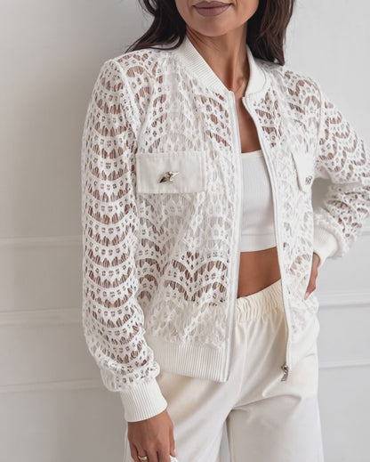 Women's Lace Hollow Out Bomber Jacket Sheer Wave Pattern Lace Zip Up Outerwear Ribbed Trim Coat
