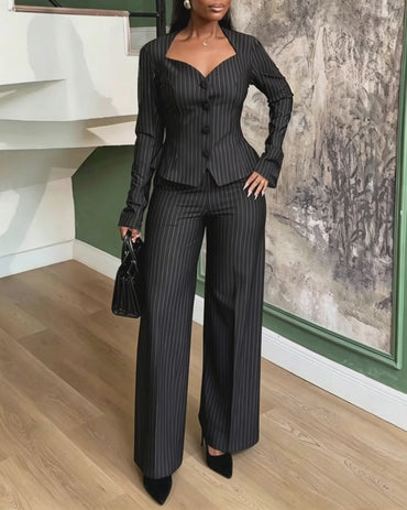 Conjunto de traje de dos piezas a rayas para mujer, con blazer elegante de escote corazón y peplum, y pantalones de pierna ancha de talle alto
