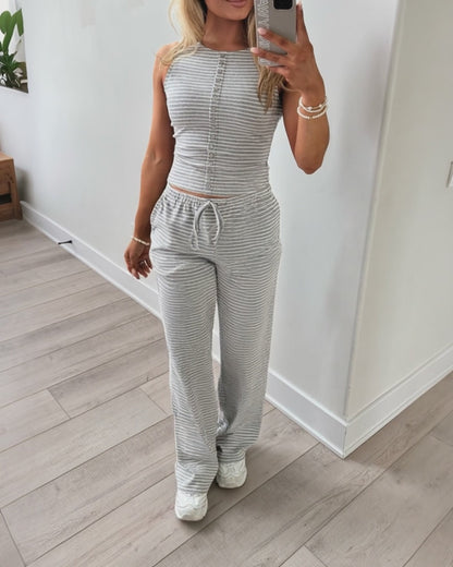 Women's Striped 2 Piece Set Sleeveless Button Knit Top and Elastic Drawstring Pants Casual Loungewear