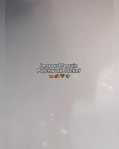 Contrast Leopard Sequin Patchwork Long Sleeve Jacket Top Button Front Raw Hem Shacket
