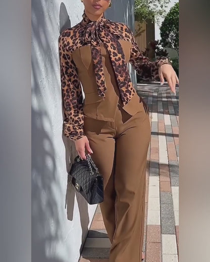 2 Pieces Outfit Leopard Print Spliced Tie Neck Long Sleeve Double Breasted Front Flap Detail Top and Zipper Fly Wide Leg Pants Set Casual Commuting Set